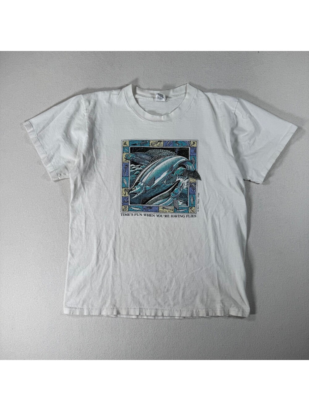 Vintage 1989 Ray Troll Fly Fishing Lee White Cotton T Shirt Sz L USA Made